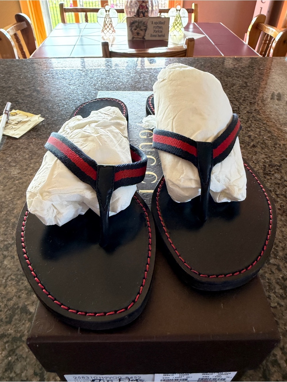 Gucci Black Leather Flip Flop Sandals with Red and Green Web Straps